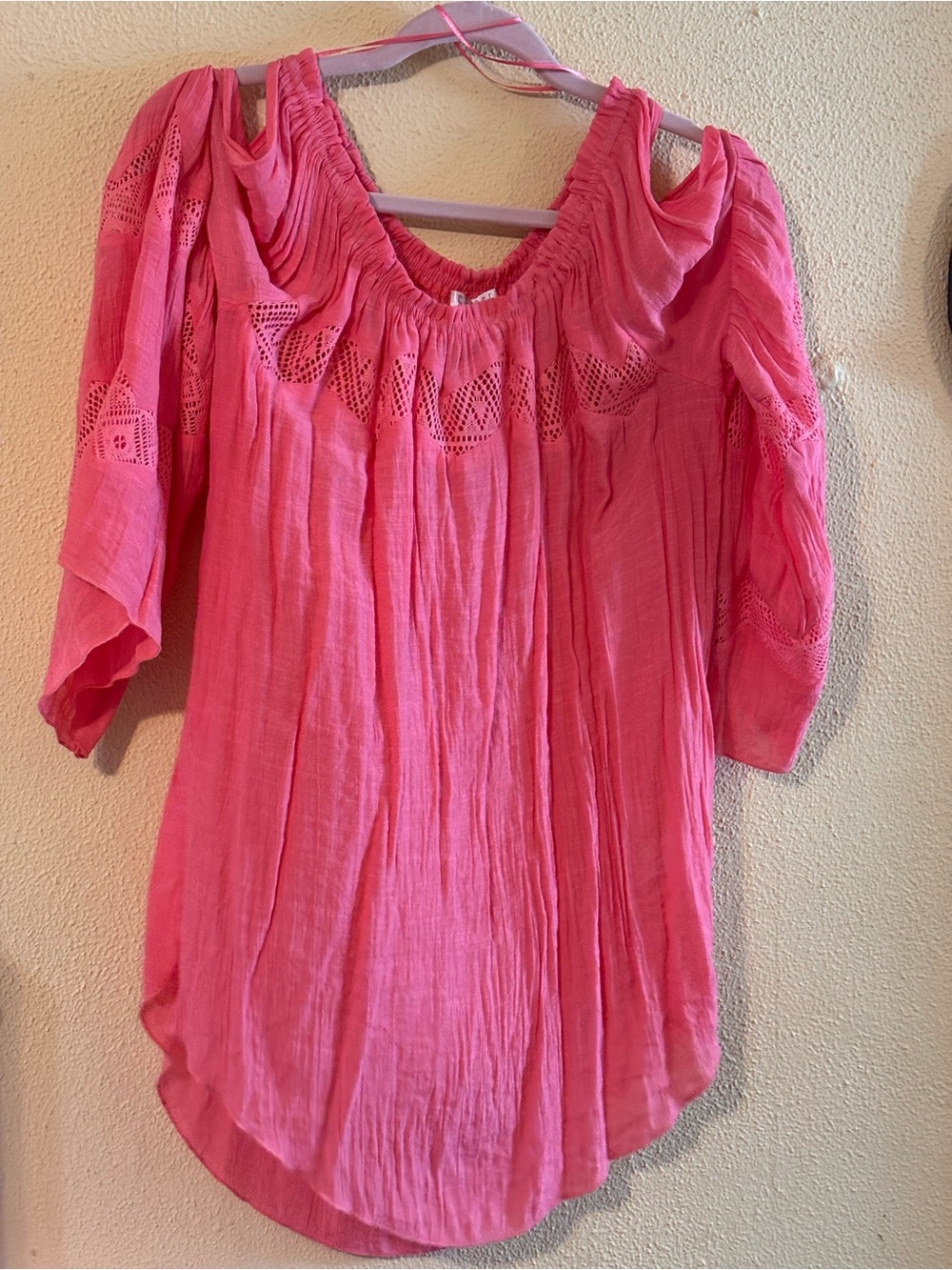 Spense Pink Boho Crochet Cold Shoulder Tunic Top M/M